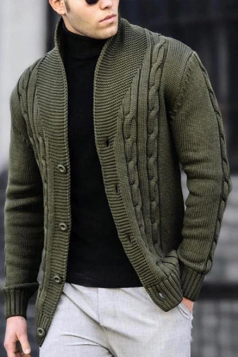 Men's Ribbed Knit Cardigan Wide Collar Regular Fit