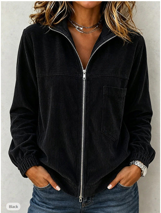 Women's Corduroy-Look Zip Jacket, Collared Casual Coat with Chest Pocket
