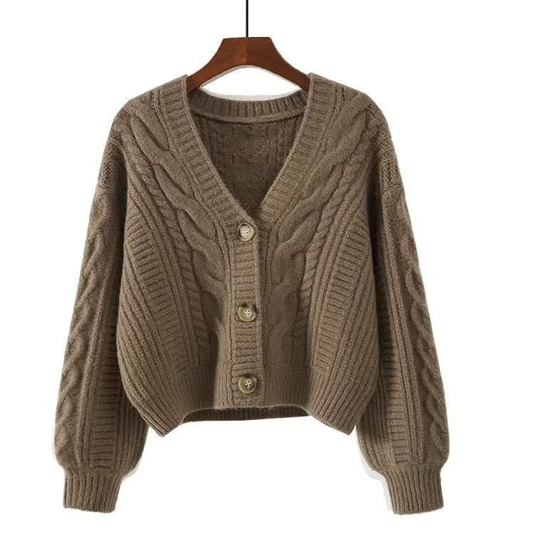Women's Cable Knit Crop Cardigan V-Neck Button-Up