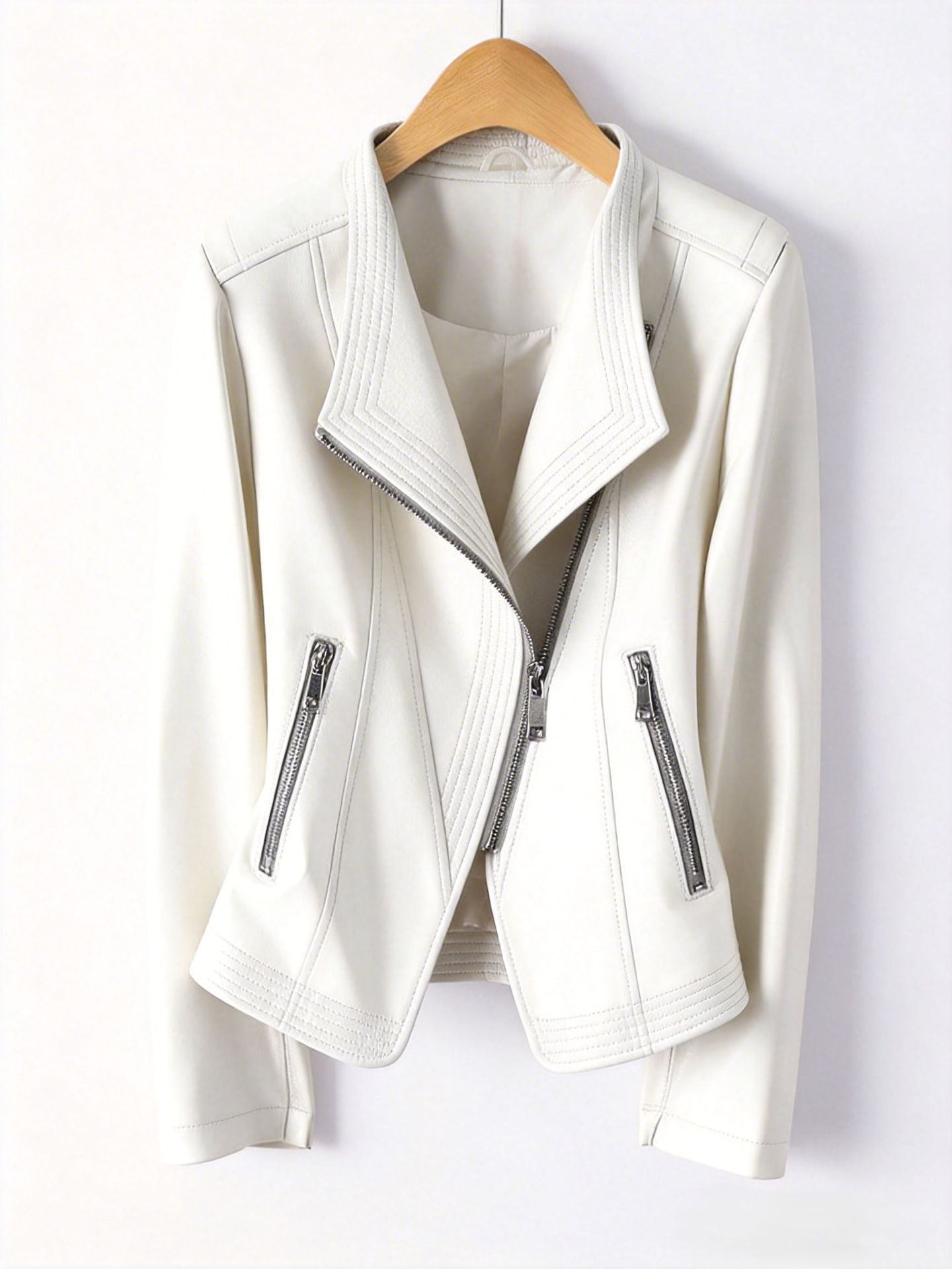 Women's Leather-Look Waterfall Jacket, Slim Fit Biker Style with Zip Pockets