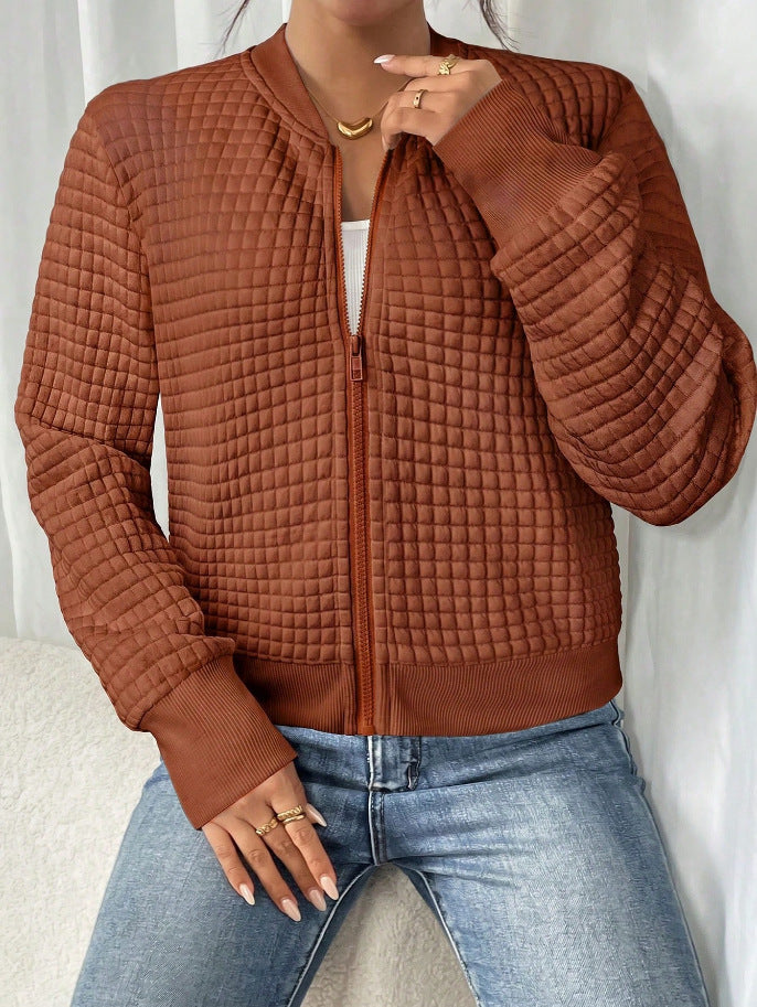 Women's Textured Bomber Cardigan, Open Front Crew Neck Knit Jacket with Ribbed Trim