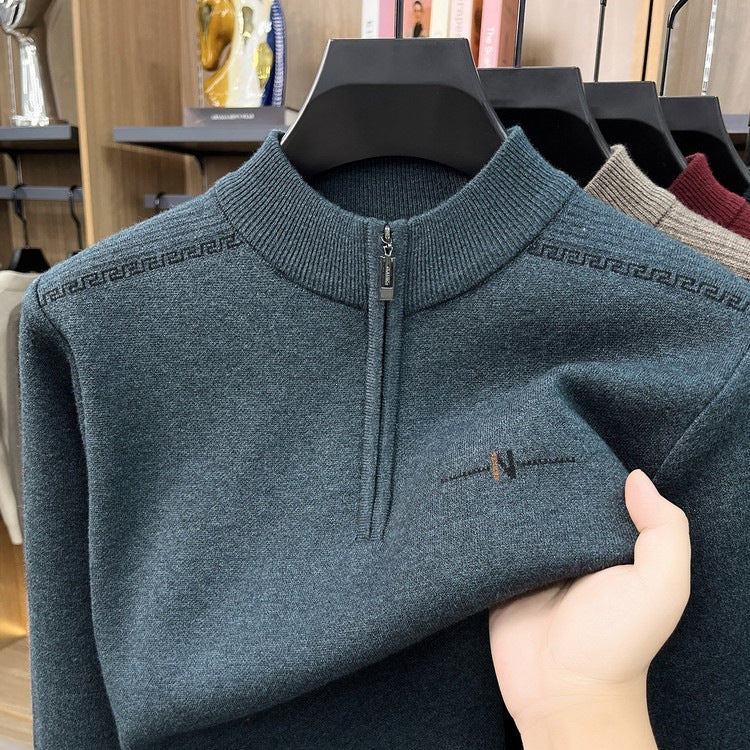 Men's Quarter Zip Knitted Jumper, Stand Collar Ribbed Pullover with Embroidered Detail