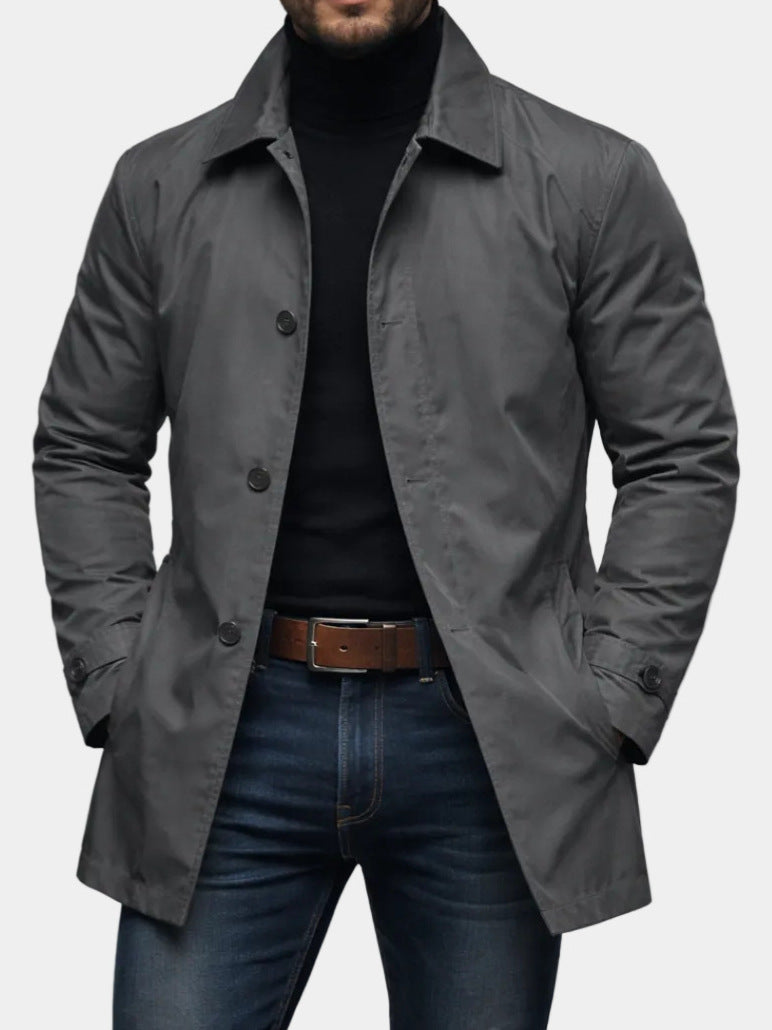 Men's Mac Coat, Single-Breasted Mid-Length Car Coat with Classic Collar