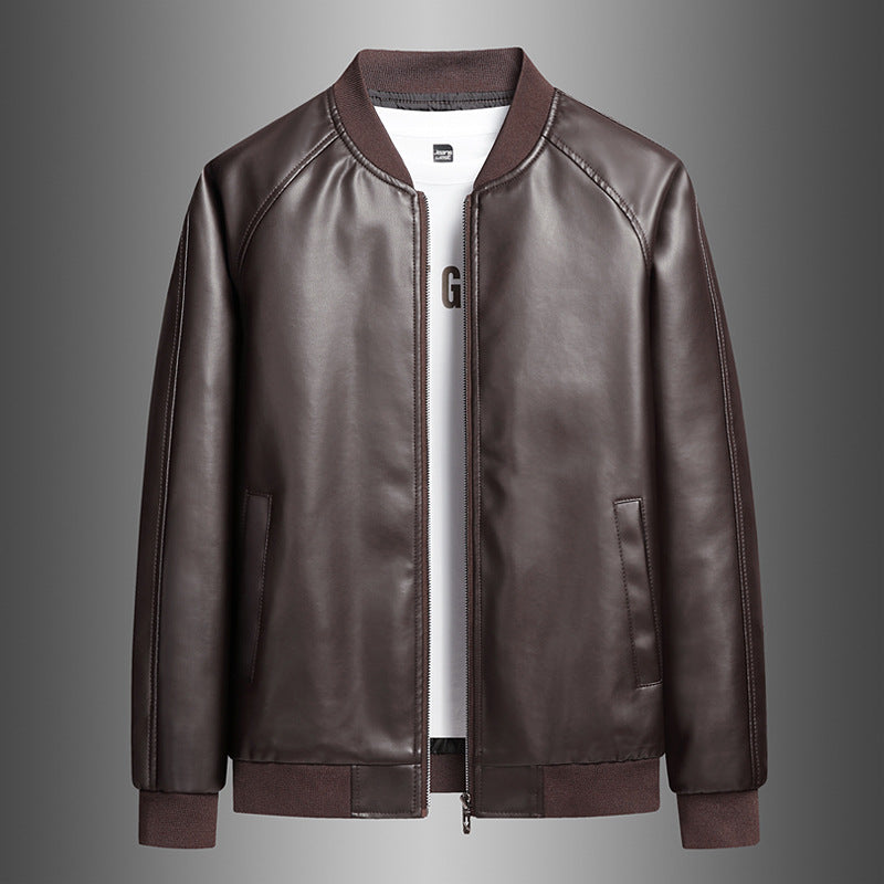 Men's PU Leather Bomber Jacket Zip Front Loose Fit