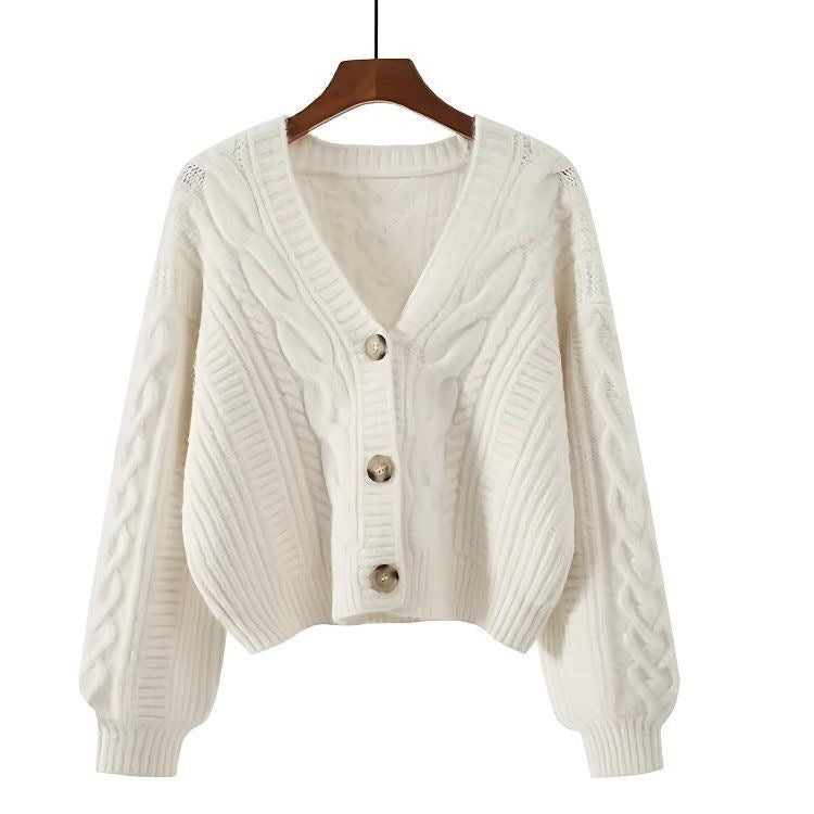 Women's Cable Knit Crop Cardigan V-Neck Button-Up
