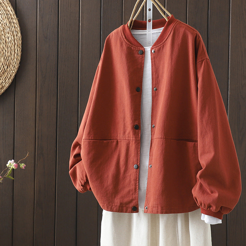 Women's Oversized Boxy Jacket, Collarless Button-Front Coat with Patch Pockets