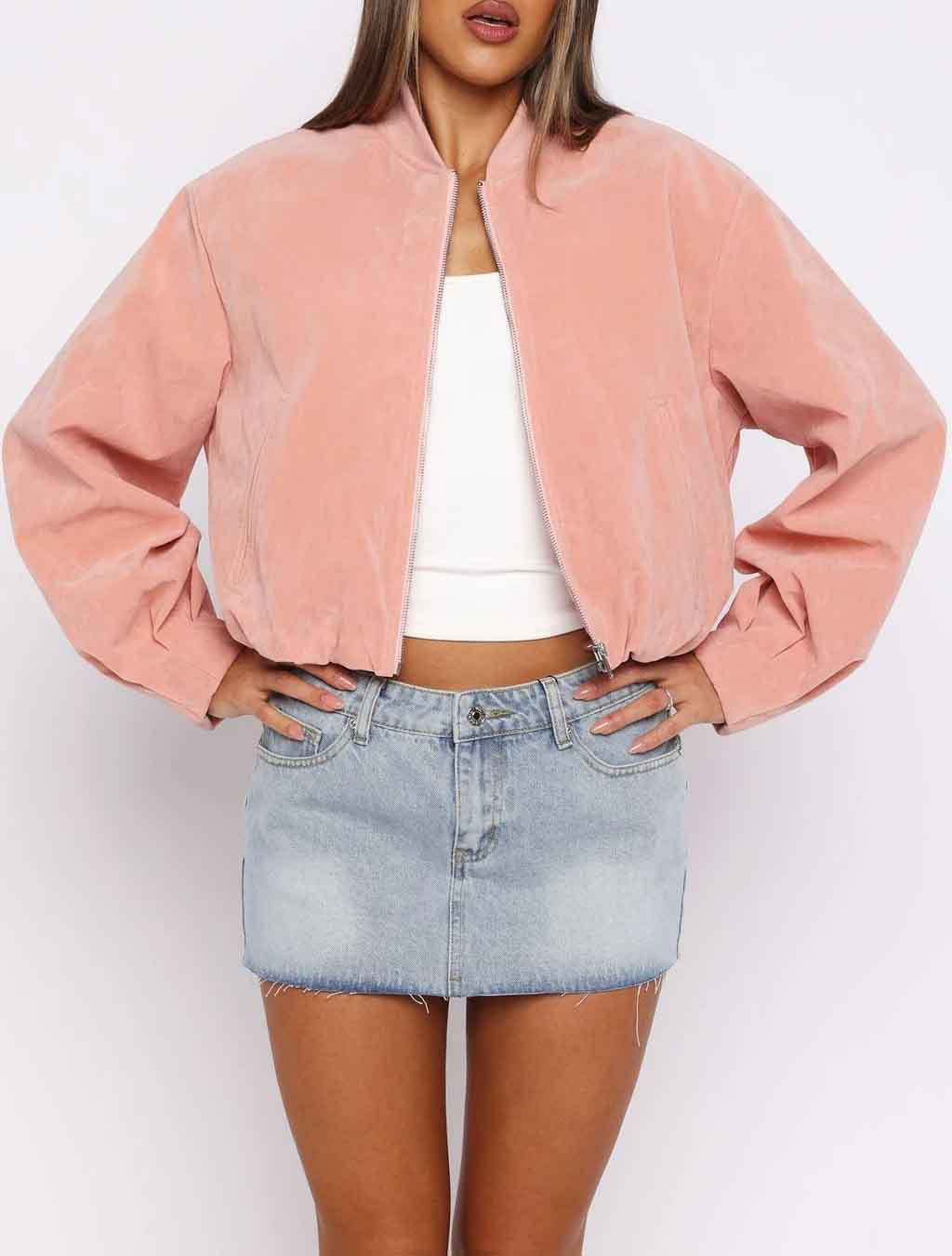 Women's Suede-Look Cropped Jacket, Funnel Collar Bomber-Style Coat