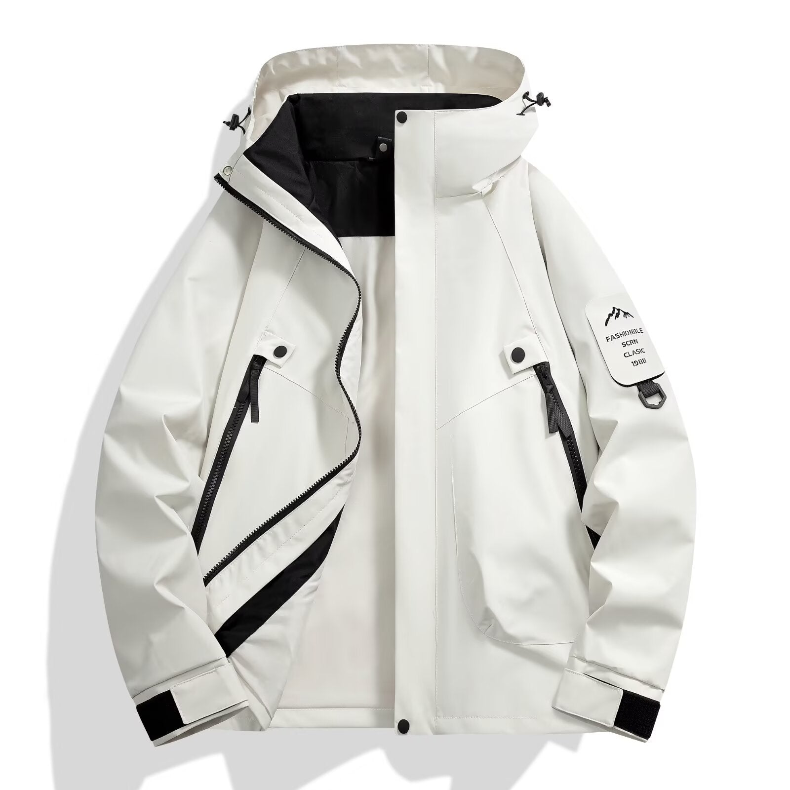 Men's Colour Block Hooded Jacket, Multi-Pocket Zip Up Outdoor Coat