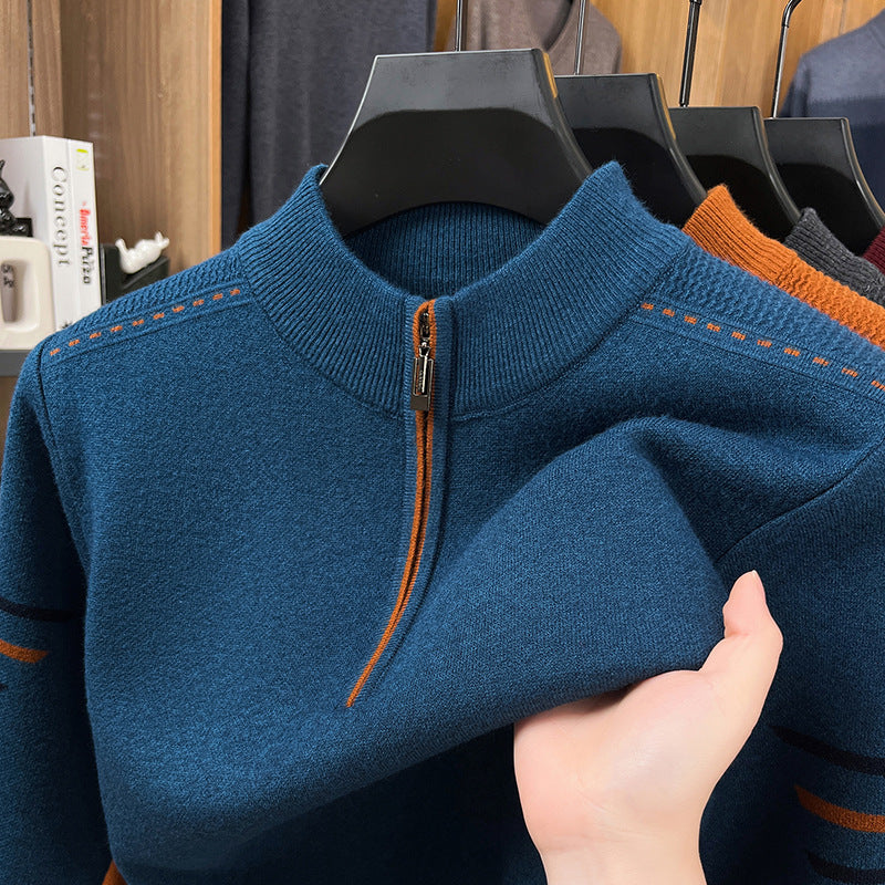 Men's Half Zip Turtleneck Jumper, Thick Ribbed Knit Funnel Neck Pullover