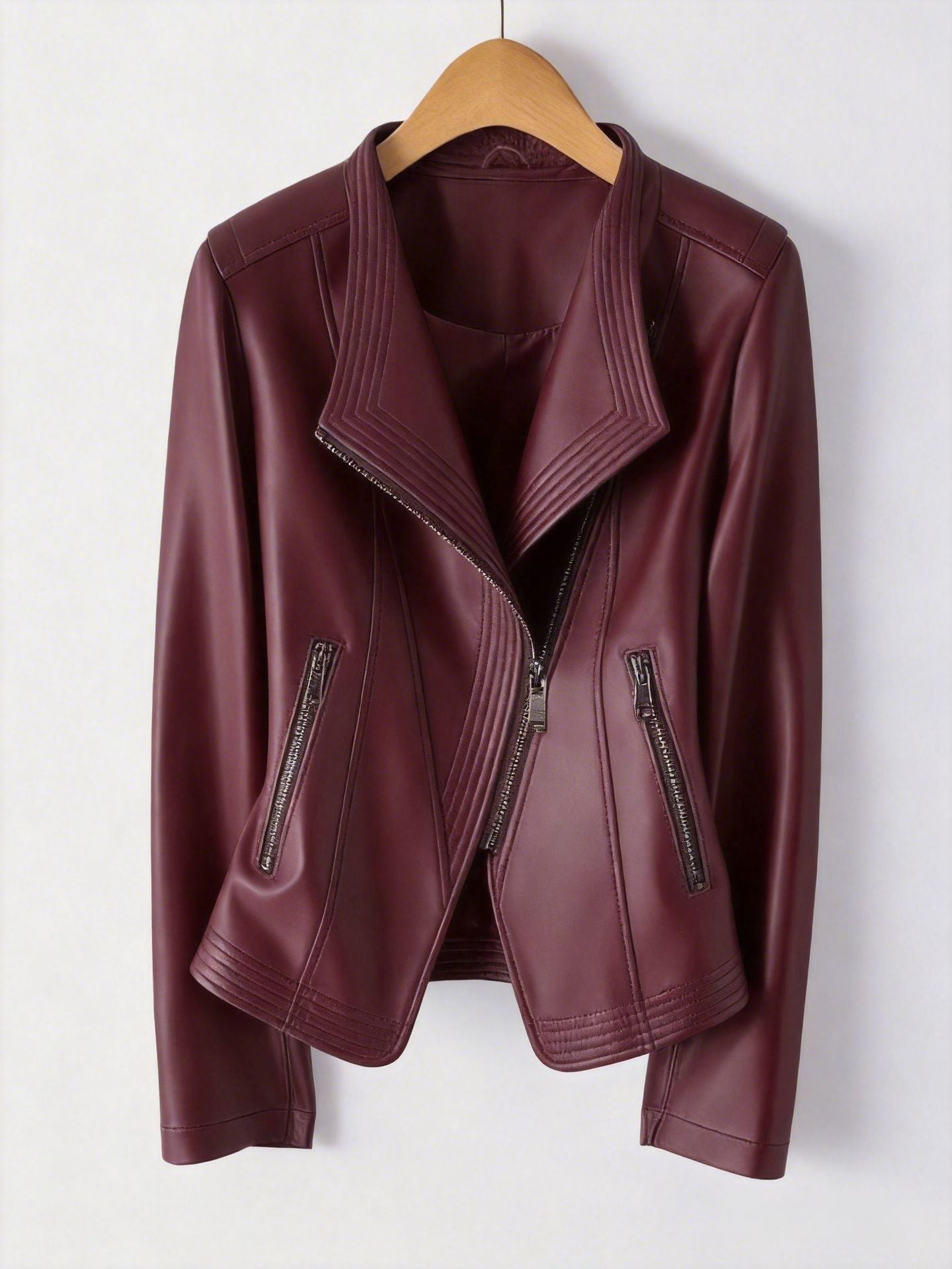Women's Leather-Look Waterfall Jacket, Slim Fit Biker Style with Zip Pockets