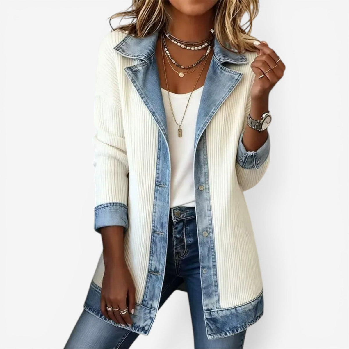 Women’s Knit Cardigan with Denim-Look Lapel Collar and Patchwork Trim