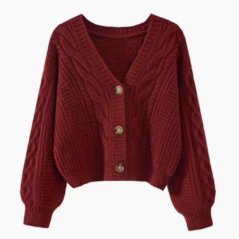 Women's Cable Knit Crop Cardigan V-Neck Button-Up