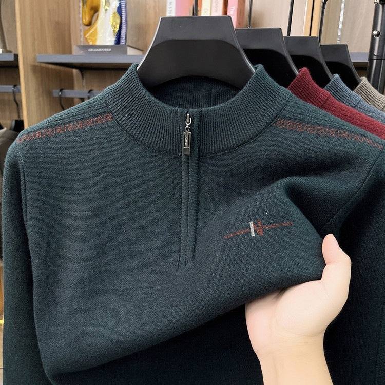 Men's Quarter Zip Knitted Jumper, Stand Collar Ribbed Pullover with Embroidered Detail