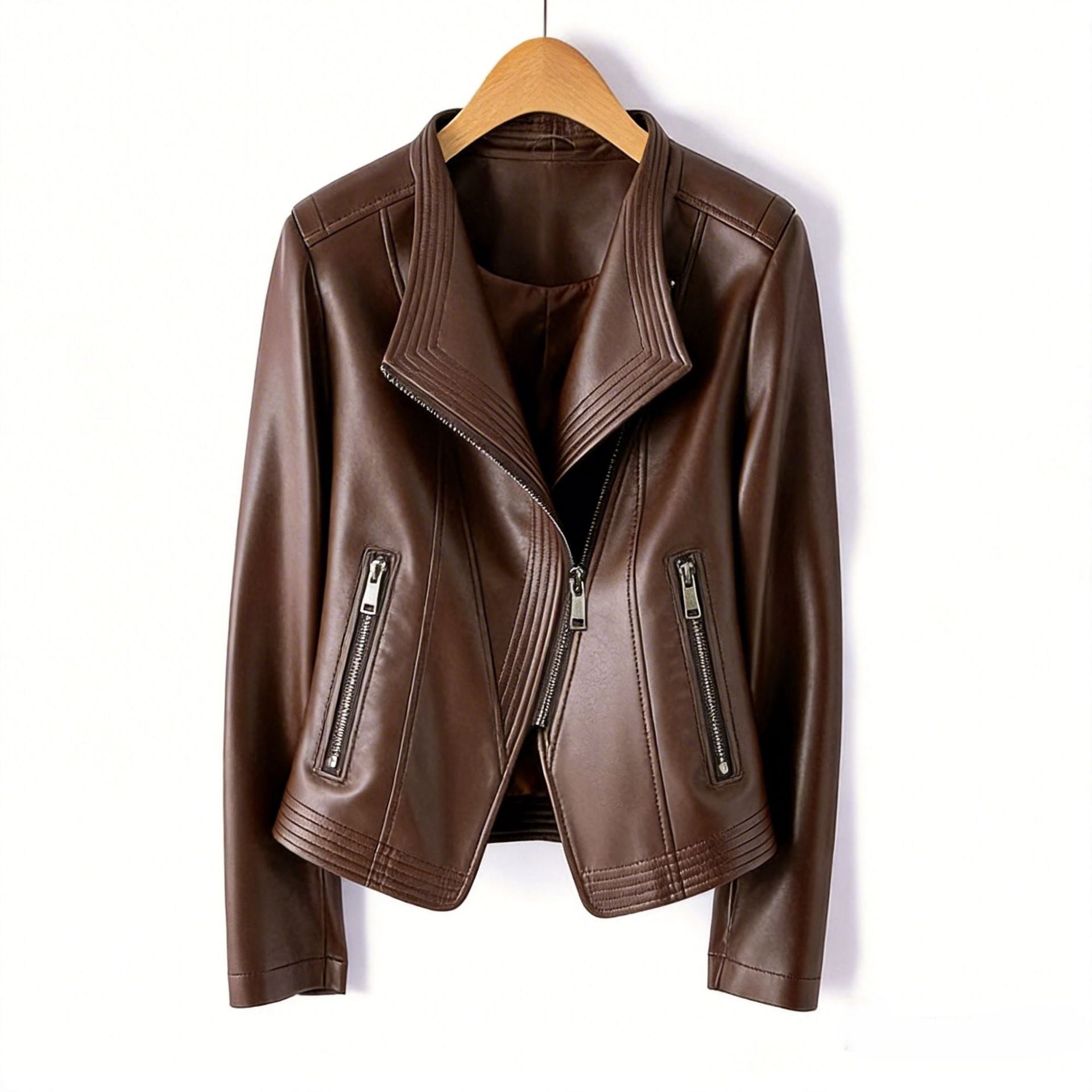 Women's Leather-Look Waterfall Jacket, Slim Fit Biker Style with Zip Pockets