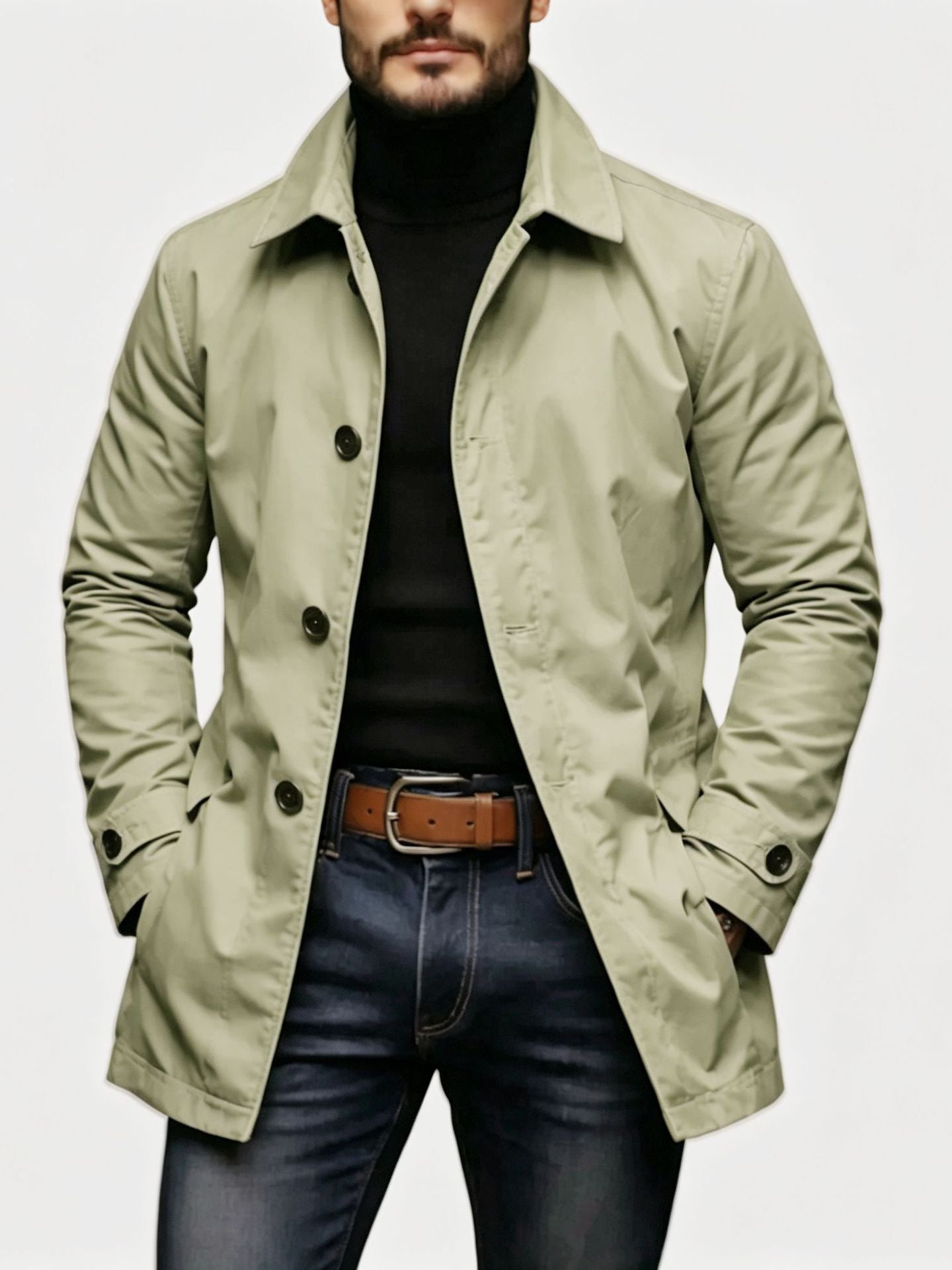 Men's Mac Coat, Single-Breasted Mid-Length Car Coat with Classic Collar