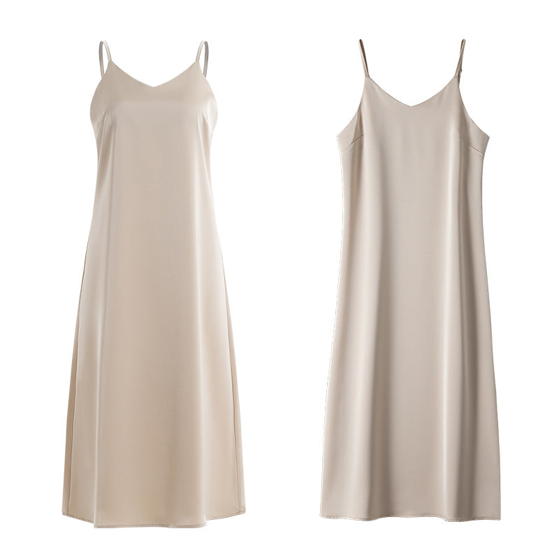 Women's Satin Slip Dress, V-Neck Midi with Adjustable Straps