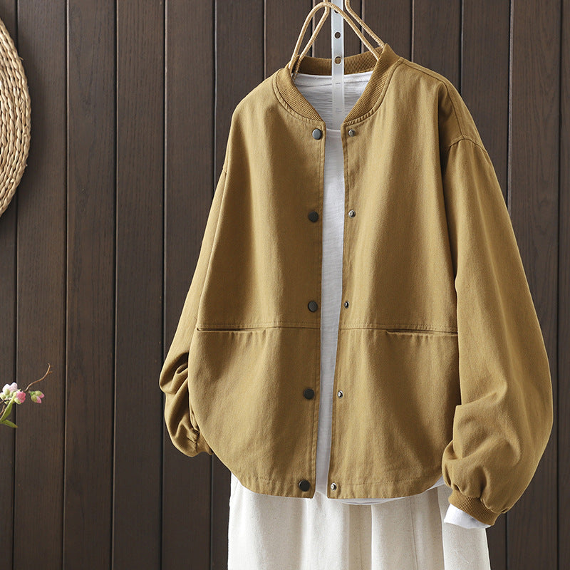Women's Oversized Boxy Jacket, Collarless Button-Front Coat with Patch Pockets