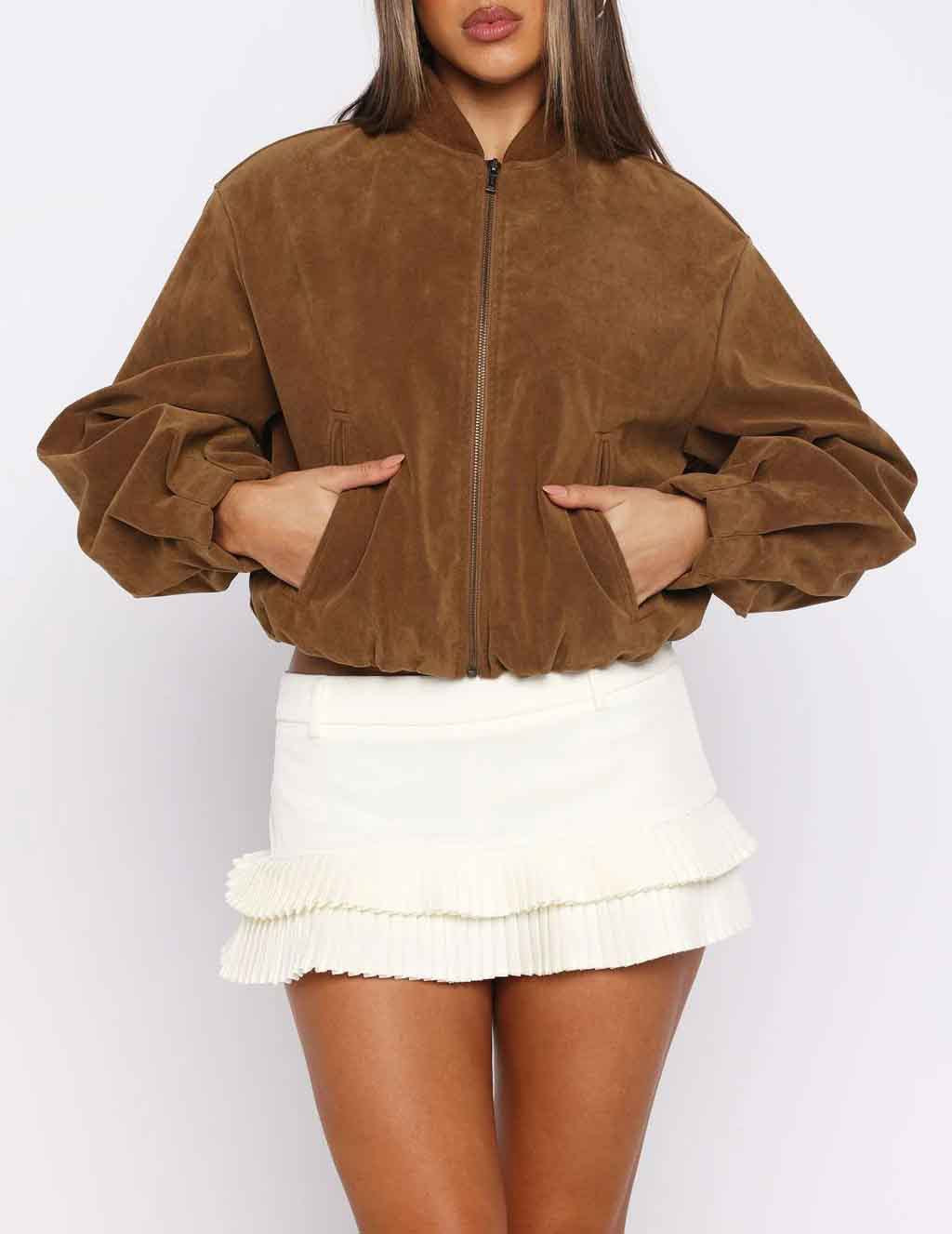 Women's Suede-Look Cropped Jacket, Funnel Collar Bomber-Style Coat