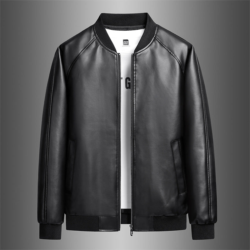 Men's PU Leather Bomber Jacket Zip Front Loose Fit