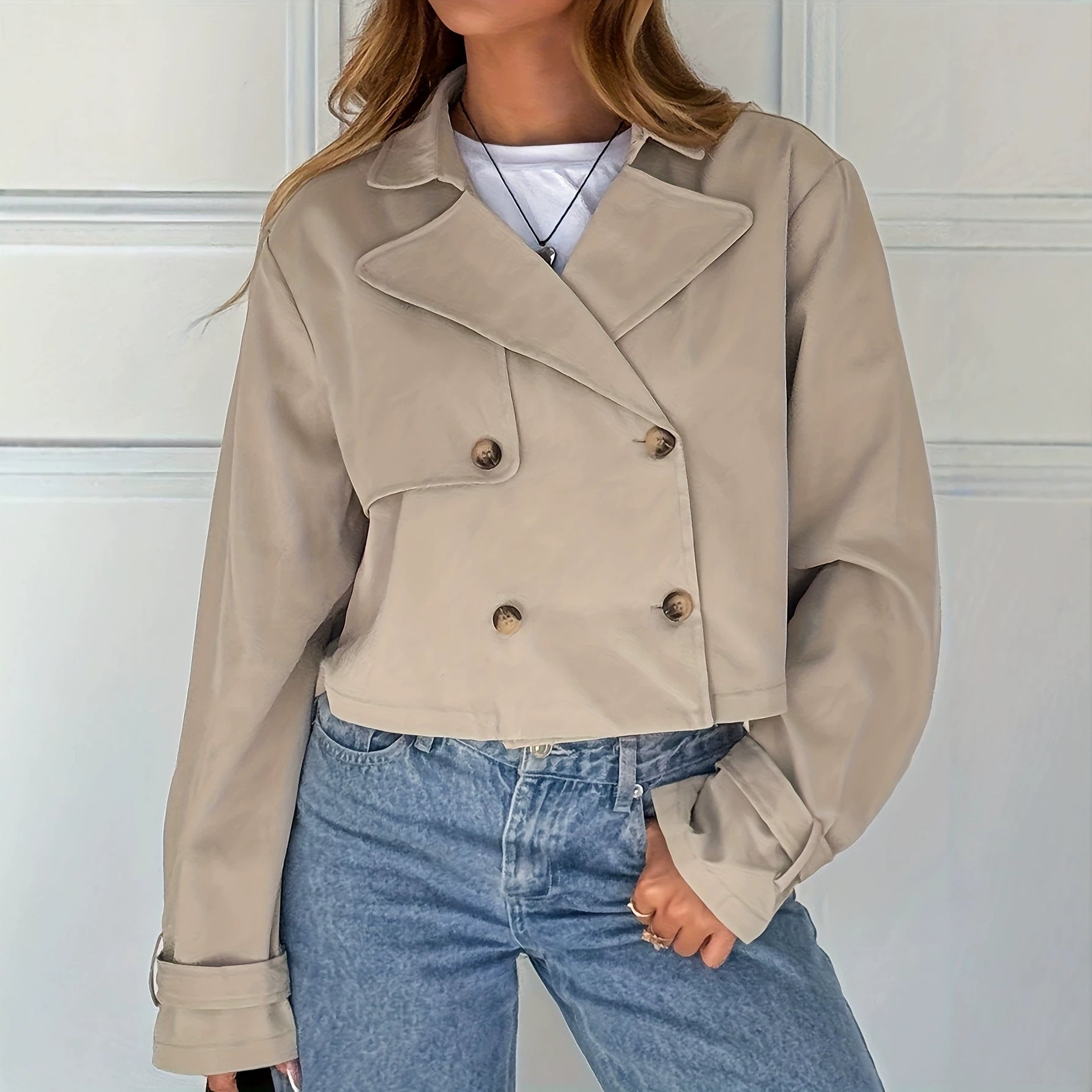 Women's Cropped Trench Jacket, Double-Breasted Notched Lapel Coat with Tie Waist