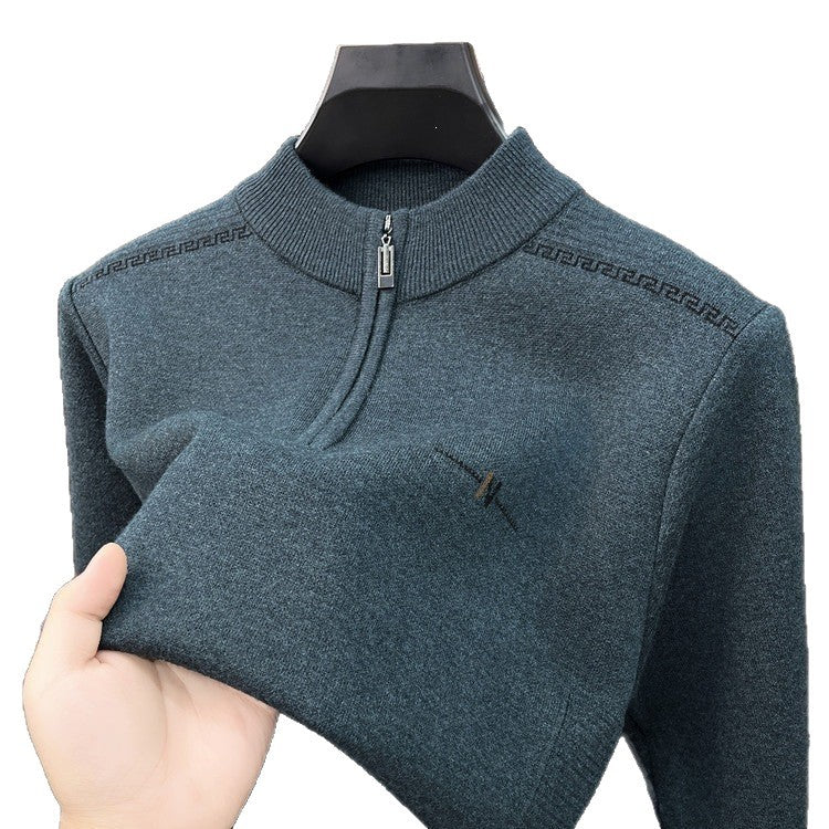 Men's Quarter Zip Knitted Jumper, Stand Collar Ribbed Pullover with Embroidered Detail
