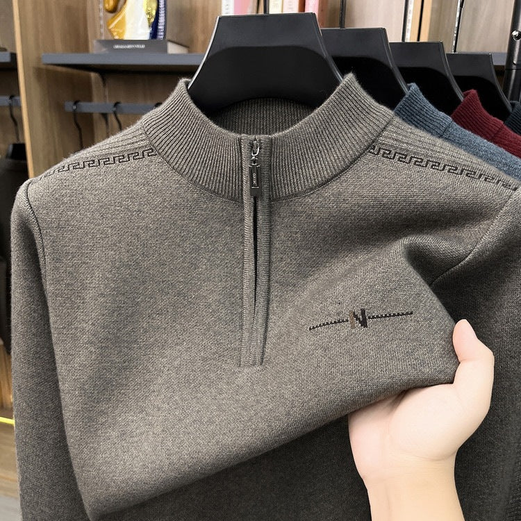Men's Quarter Zip Knitted Jumper, Stand Collar Ribbed Pullover with Embroidered Detail