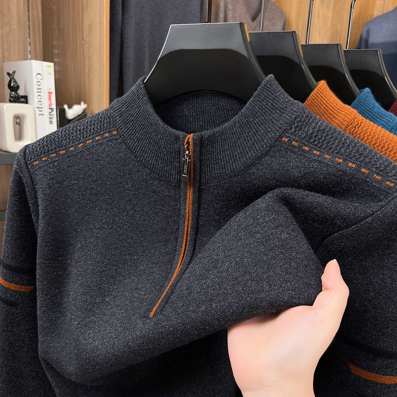 Men's Half Zip Turtleneck Jumper, Thick Ribbed Knit Funnel Neck Pullover