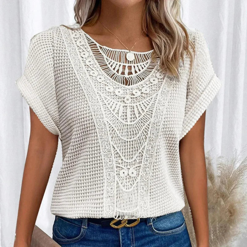 Women's Crochet Blouse Woven Fabric Short Sleeve Round Neck