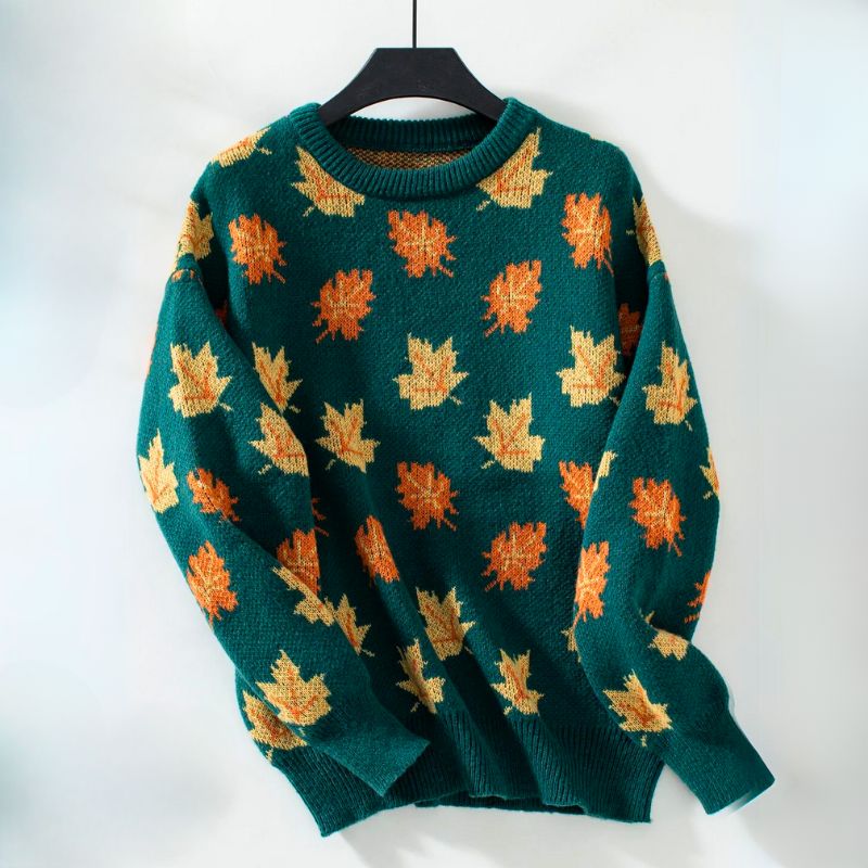 Women's Leaf Print Jumper, Crew Neck Relaxed Fit Knitted Pullover