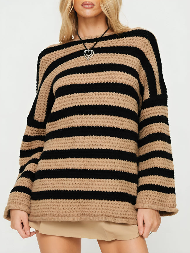 Women's Chunky Knit Striped Jumper, Oversized Crew Neck Pullover