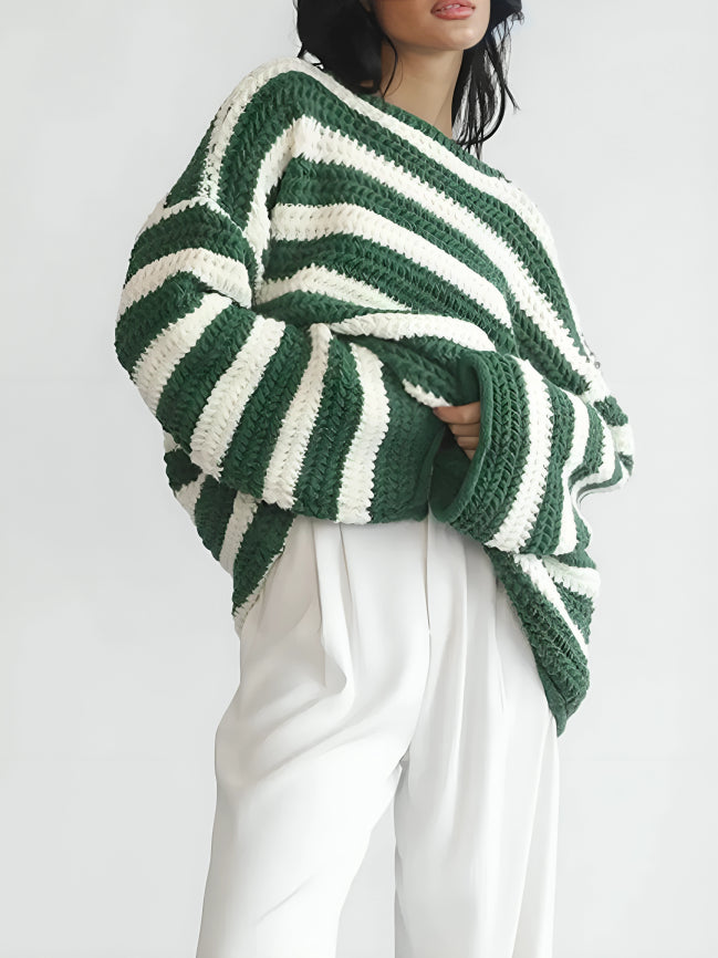 Women's Chunky Knit Striped Jumper, Oversized Crew Neck Pullover