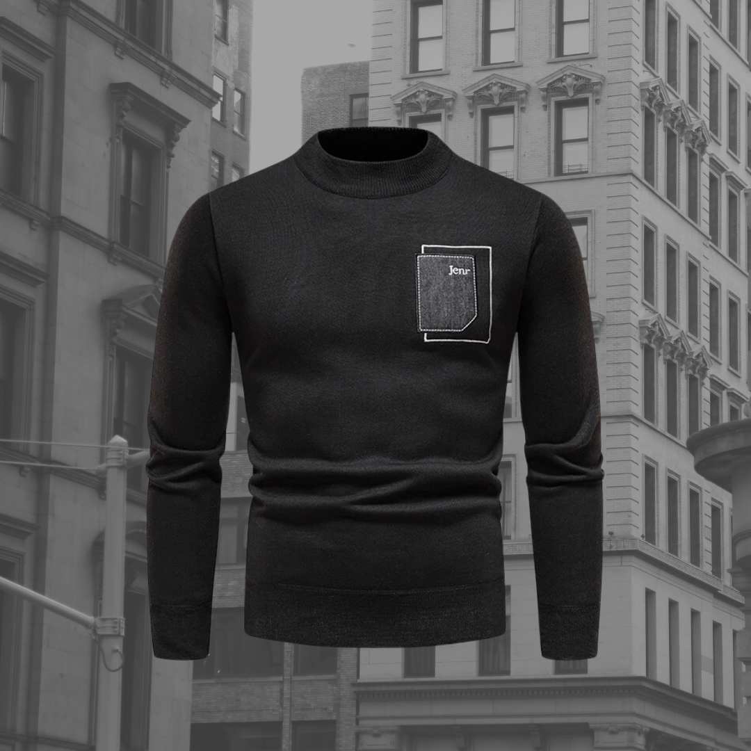 Men's Stand Collar Jumper, Contrast Chest Pocket Knitted Pullover