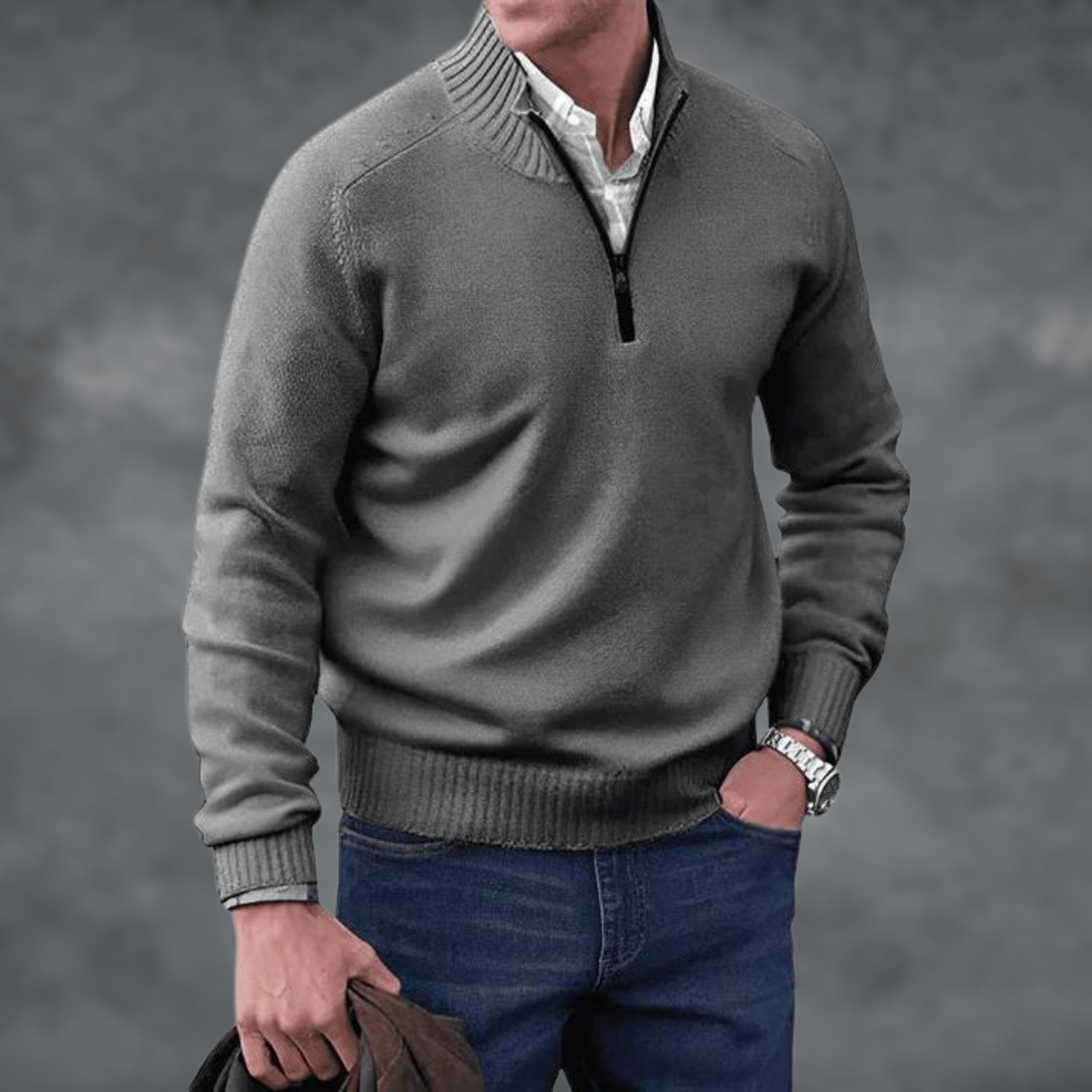 Men's Quarter Zip Jumper, Stand Collar Ribbed Knit Pullover