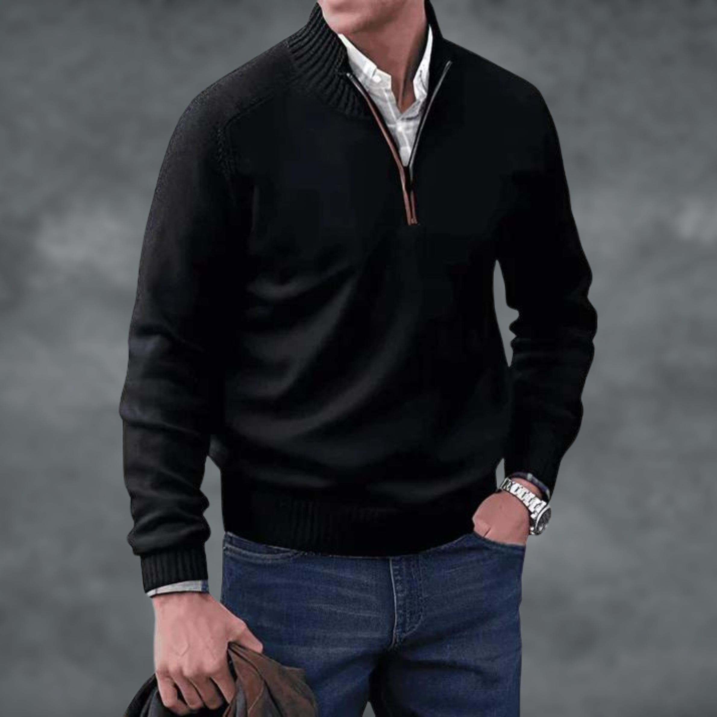 Men's Quarter Zip Jumper, Stand Collar Ribbed Knit Pullover
