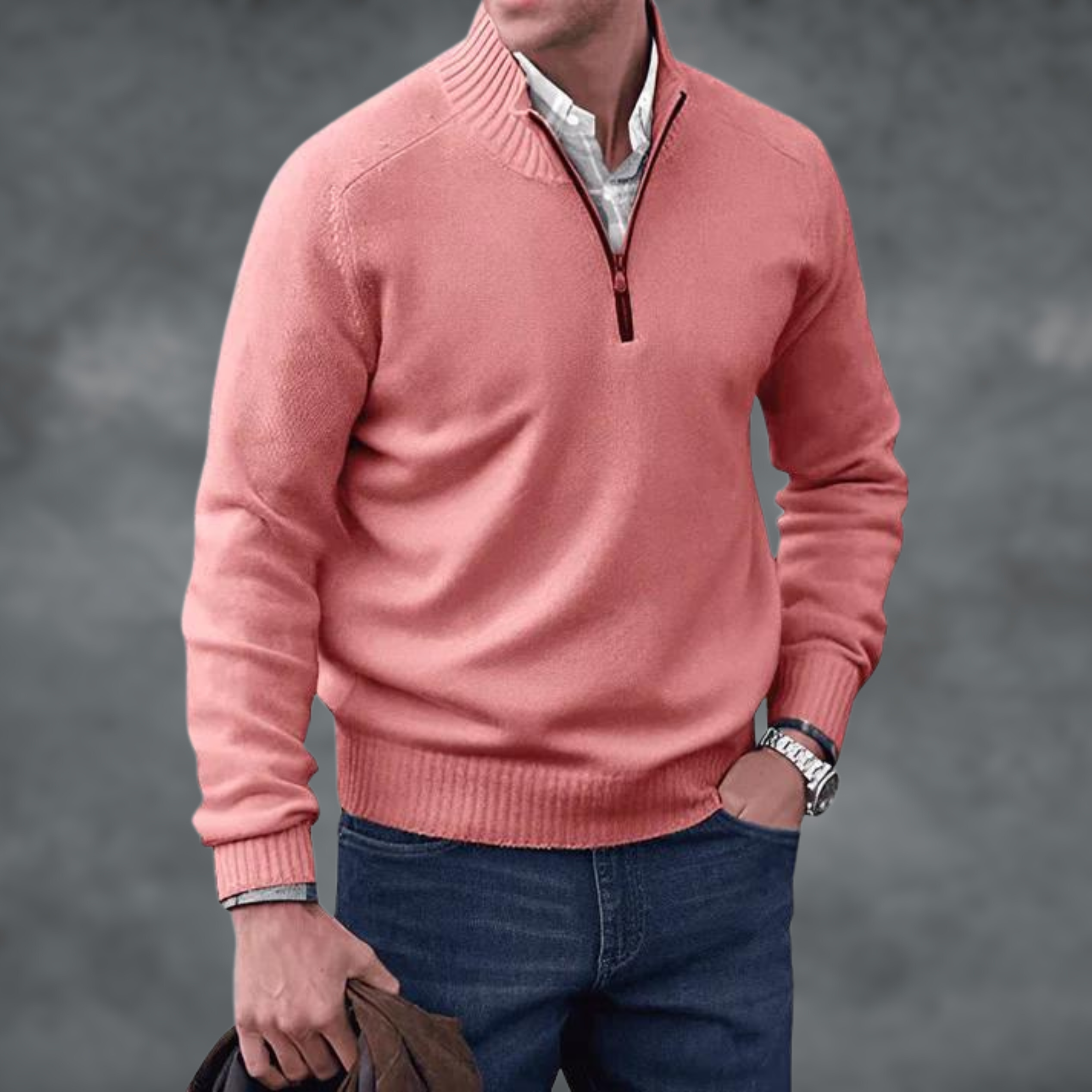 Men's Quarter Zip Jumper, Stand Collar Ribbed Knit Pullover