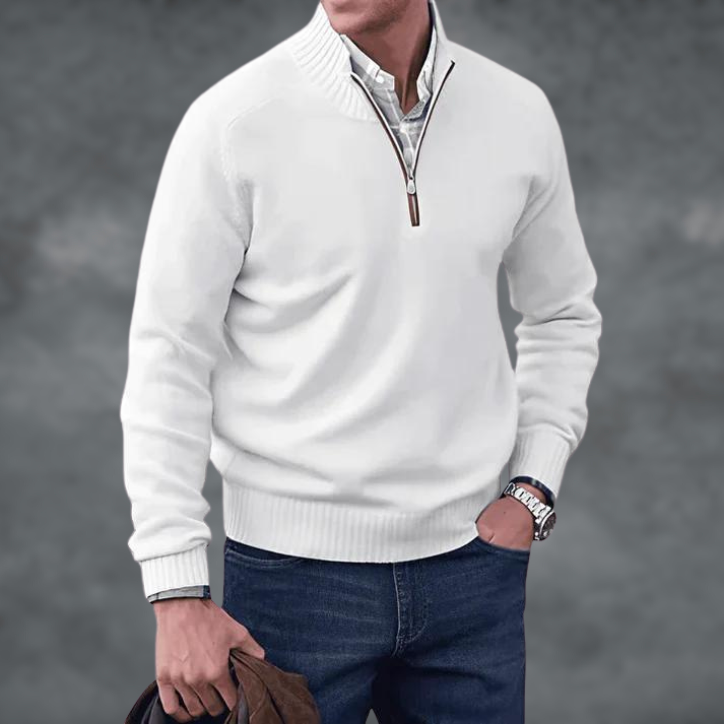 Men's Quarter Zip Jumper, Stand Collar Ribbed Knit Pullover