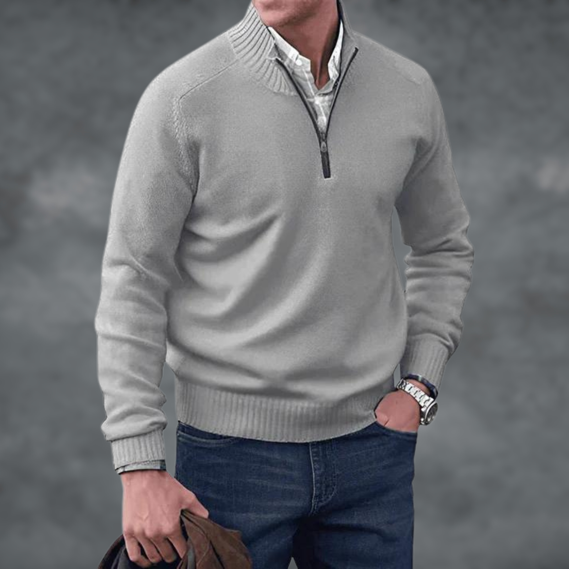 Men's Quarter Zip Jumper, Stand Collar Ribbed Knit Pullover