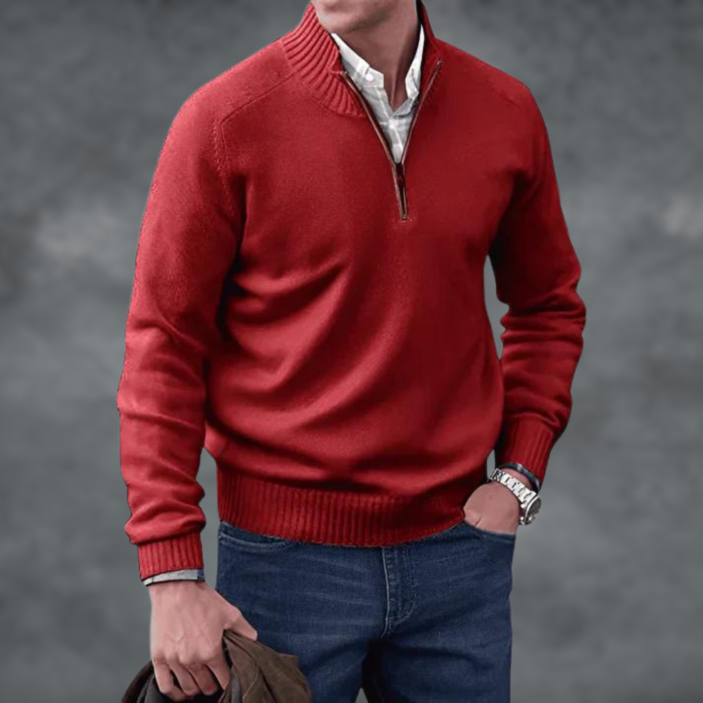 Men's Quarter Zip Jumper, Stand Collar Ribbed Knit Pullover