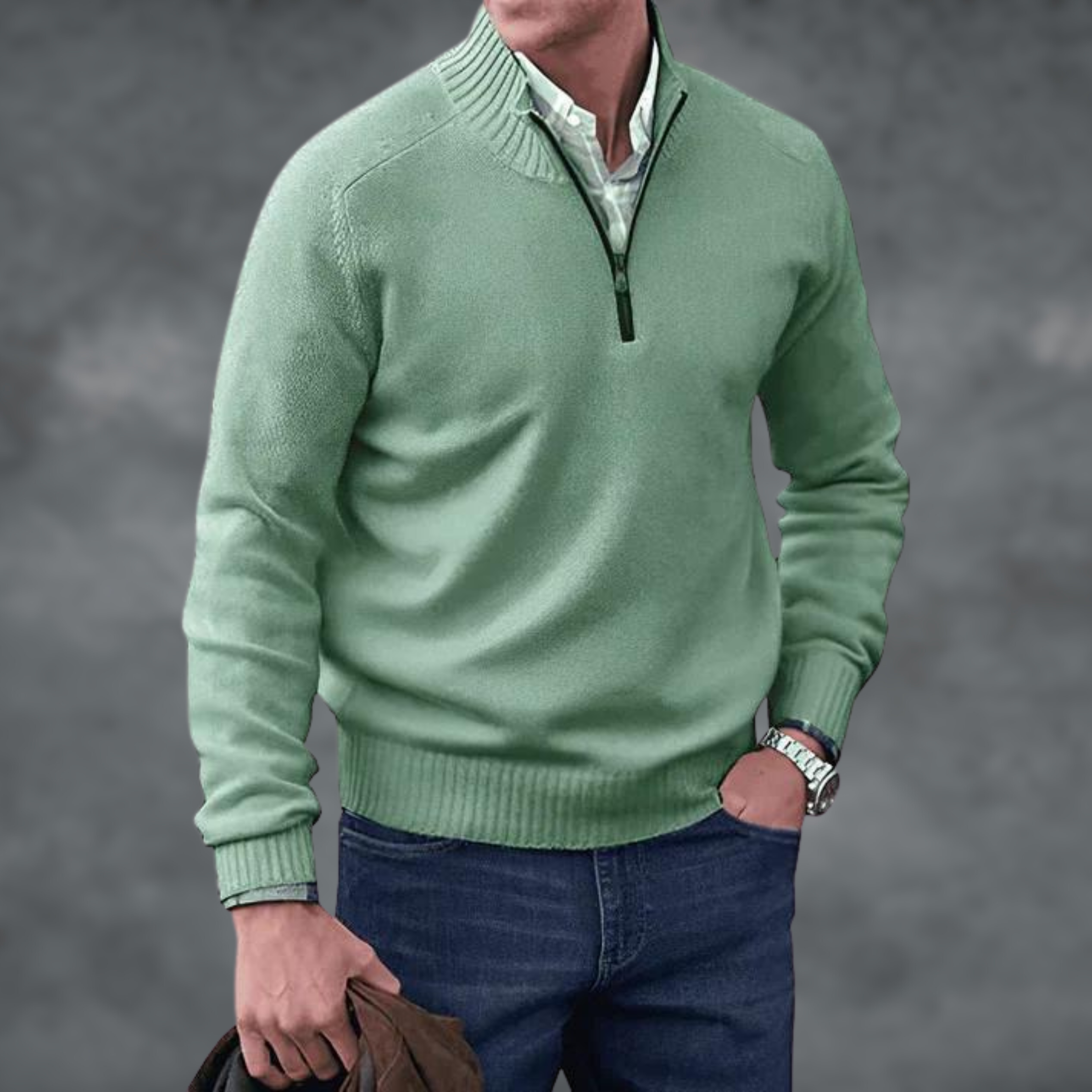 Men's Quarter Zip Jumper, Stand Collar Ribbed Knit Pullover