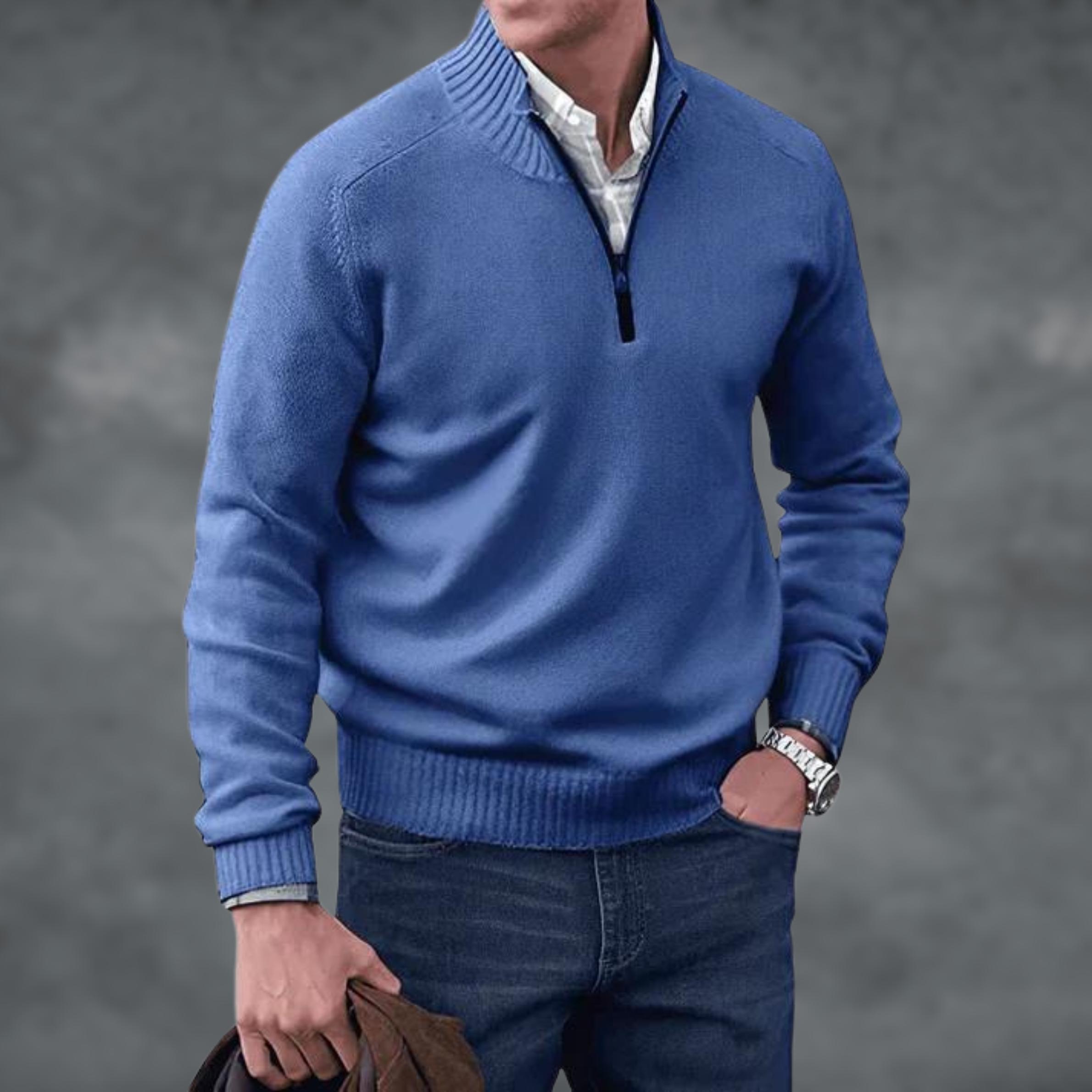 Men's Quarter Zip Jumper, Stand Collar Ribbed Knit Pullover