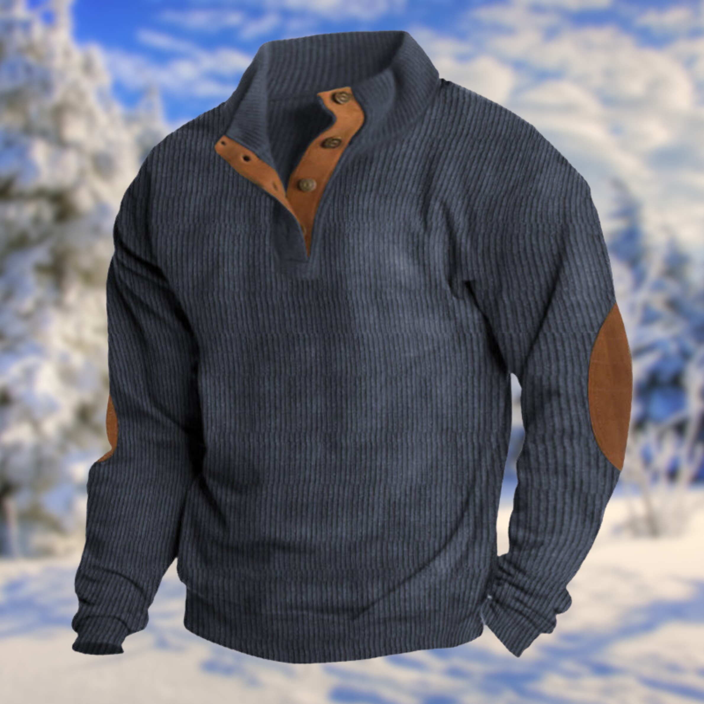 Men's Elbow Patch Jumper, Button Placket Stand Collar Ribbed Knit