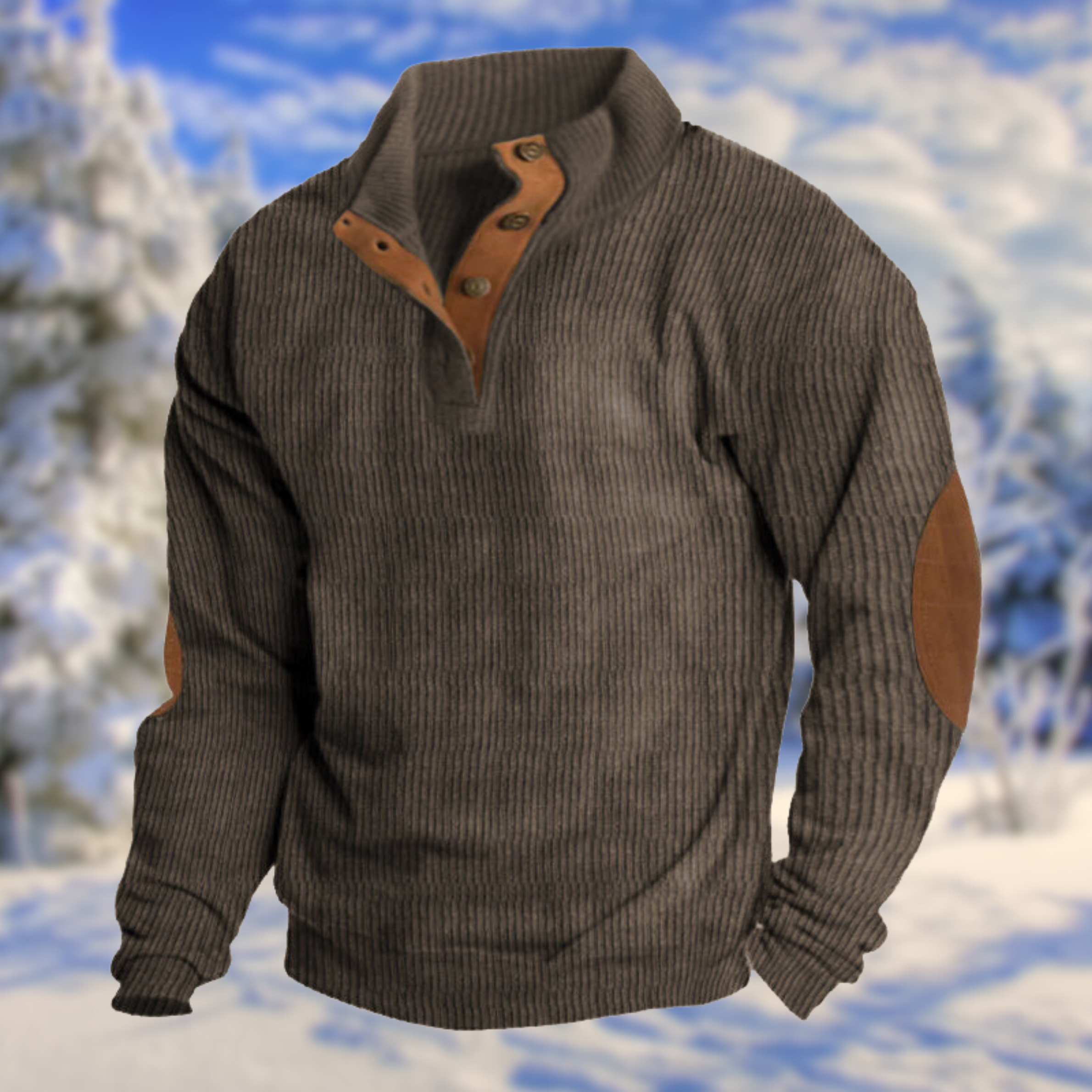 Men's Elbow Patch Jumper, Button Placket Stand Collar Ribbed Knit