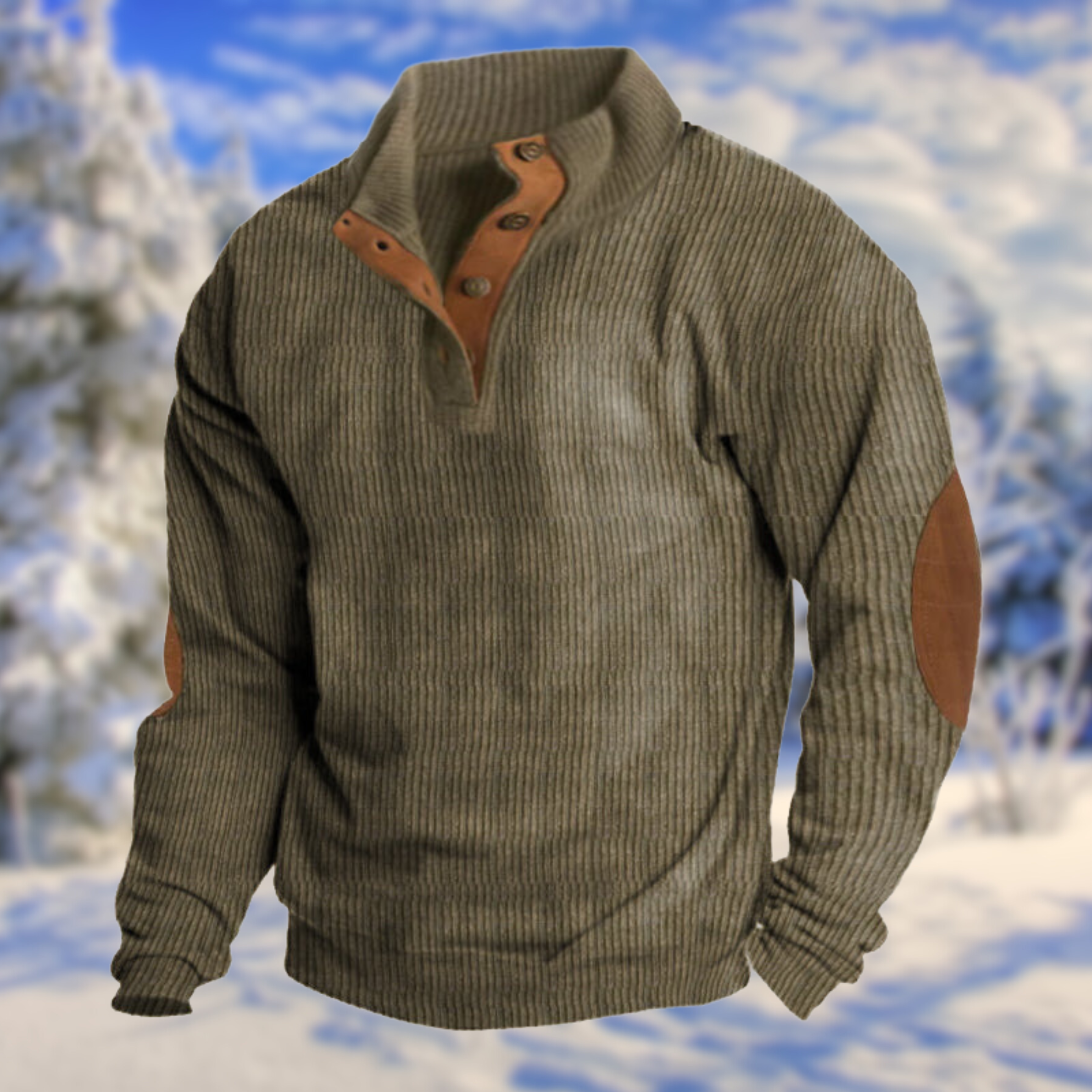 Men's Elbow Patch Jumper, Button Placket Stand Collar Ribbed Knit
