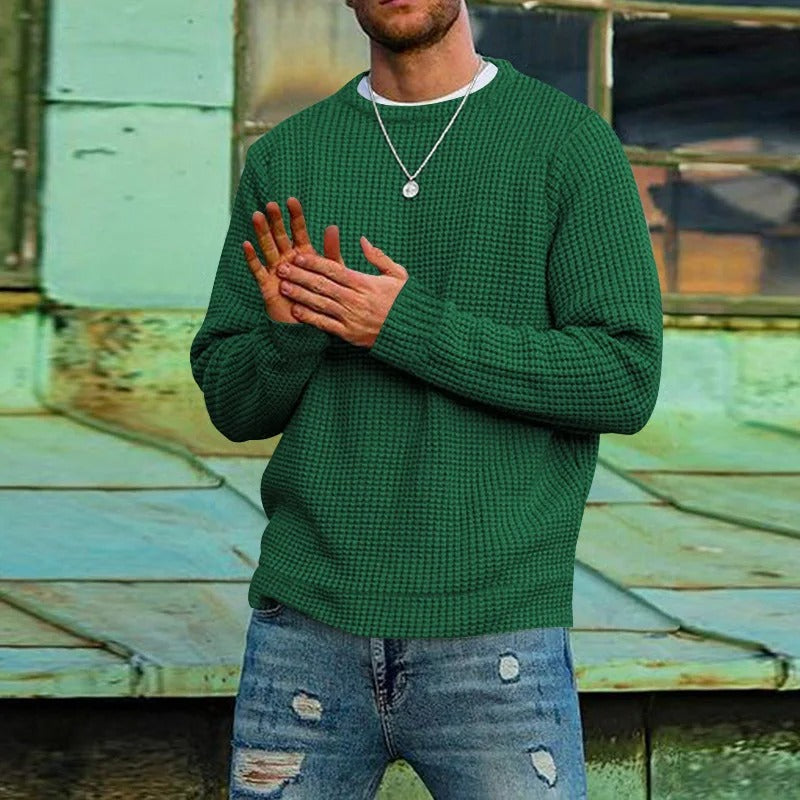 Men's Waffle Knit Jumper, Crew Neck Textured Pullover