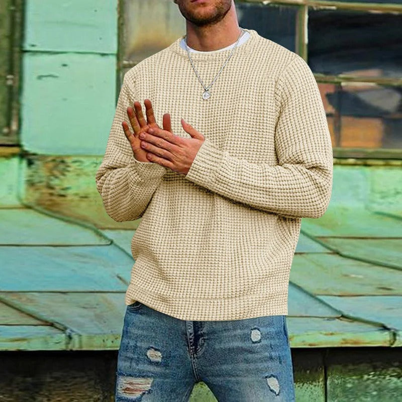 Men's Waffle Knit Jumper, Crew Neck Textured Pullover