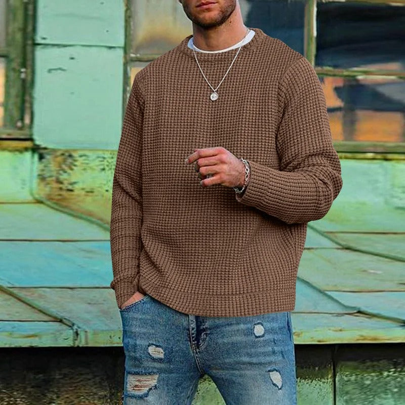 Men's Waffle Knit Jumper, Crew Neck Textured Pullover