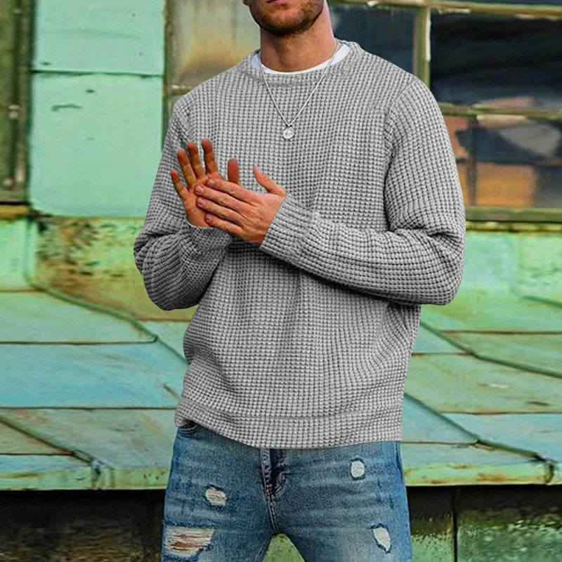 Men's Waffle Knit Jumper, Crew Neck Textured Pullover