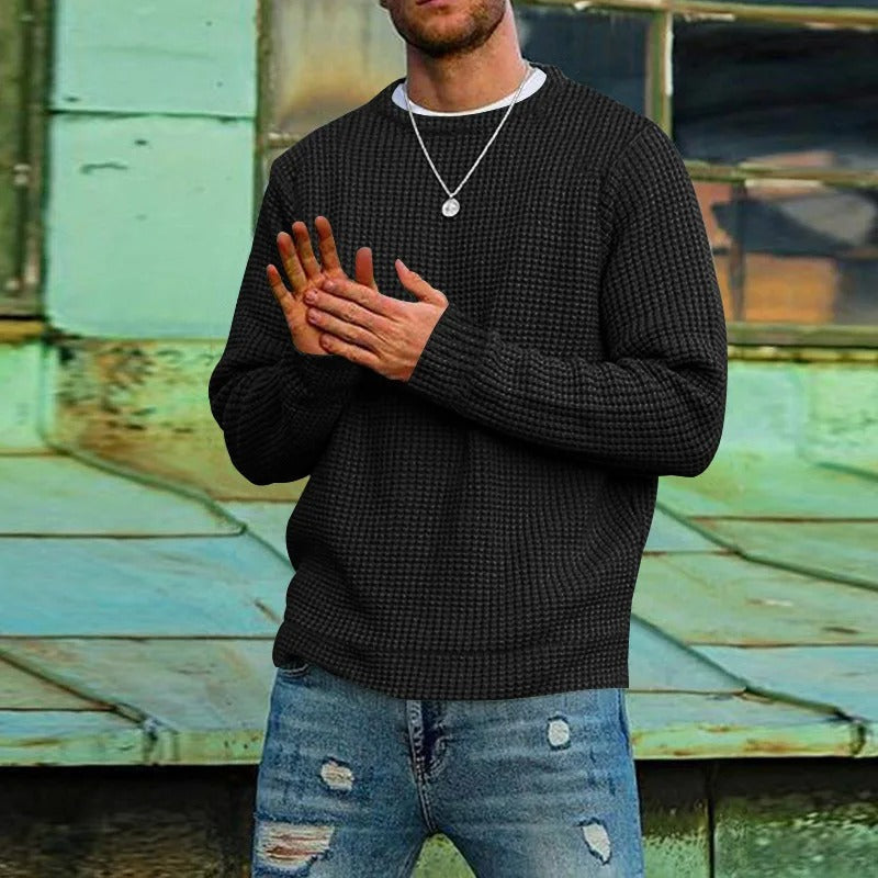 Men's Waffle Knit Jumper, Crew Neck Textured Pullover