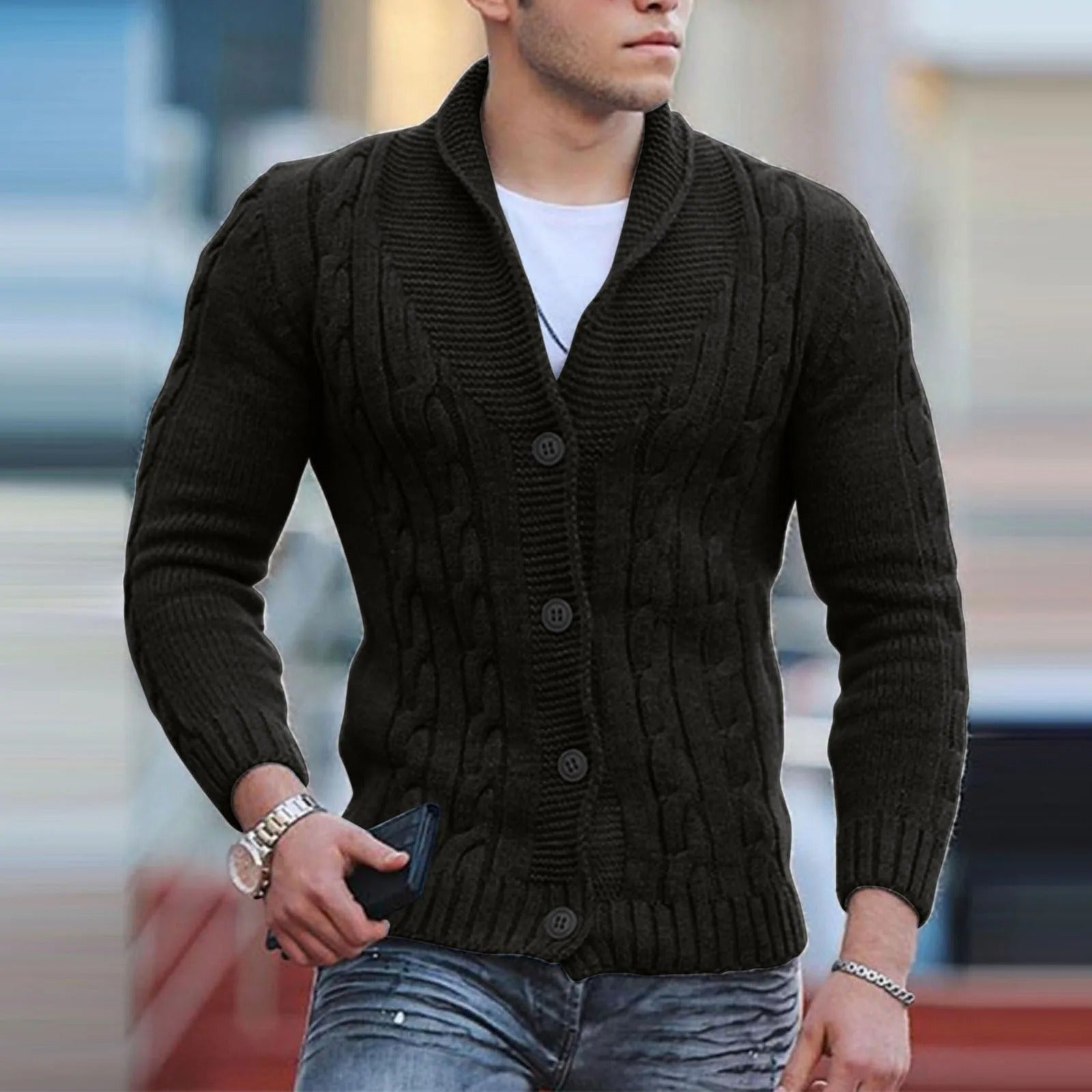 Men's Cable Knit Shawl Collar Cardigan, Button-Front Classic Knitwear