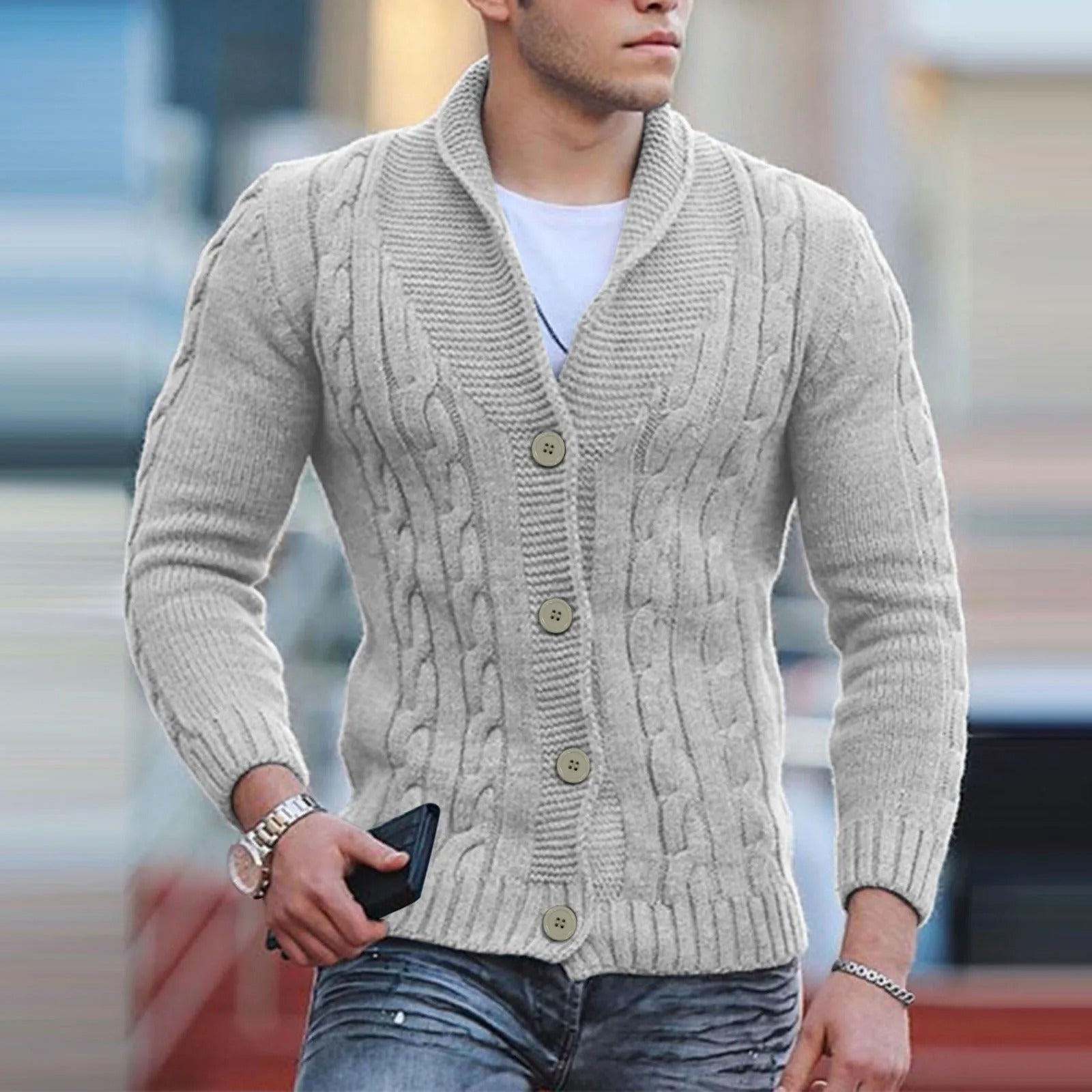 Men's Cable Knit Shawl Collar Cardigan, Button-Front Classic Knitwear